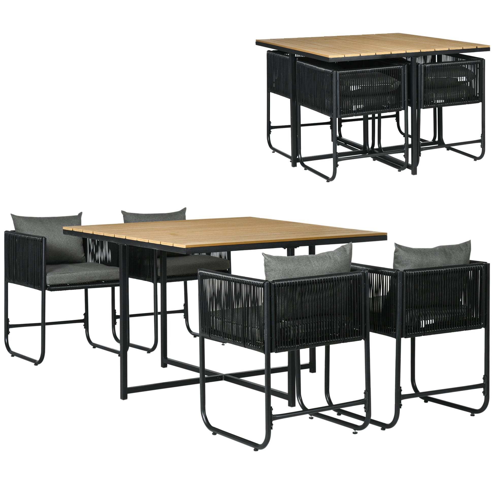 5-Piece Synthetic Rattan Garden Furniture Set for Outdoor Garden with Square Table and 4 Chairs Cushions Black and Natural