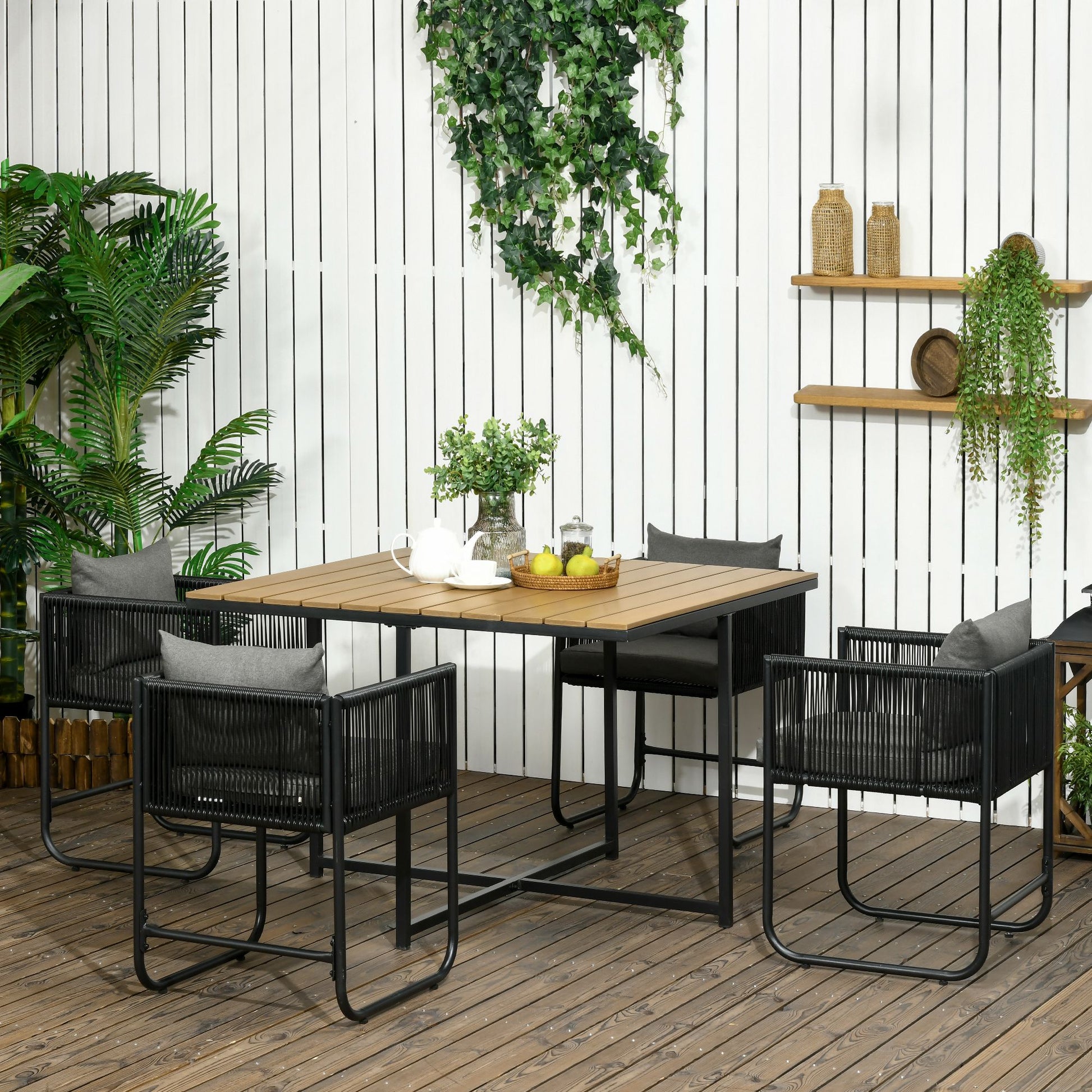 5-Piece Synthetic Rattan Garden Furniture Set for Outdoor Garden with Square Table and 4 Chairs Cushions Black and Natural