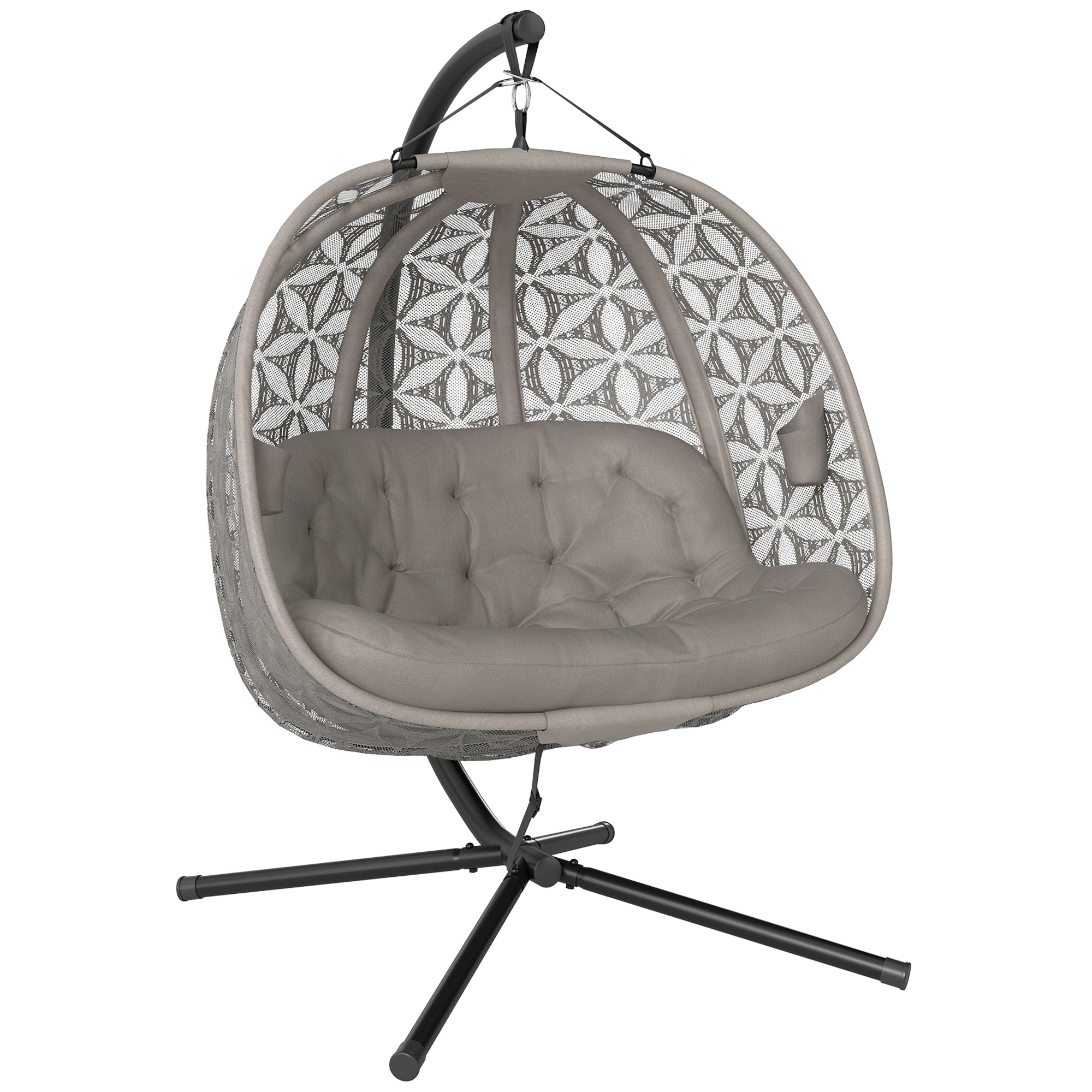Foldable XXL Egg Hanging Chair with Stand — 2-Person Hanging Basket Swing, Thick Cushion, Cup Holders & Safety Strap — Indoor/Outdoor, Sand (529 lb)