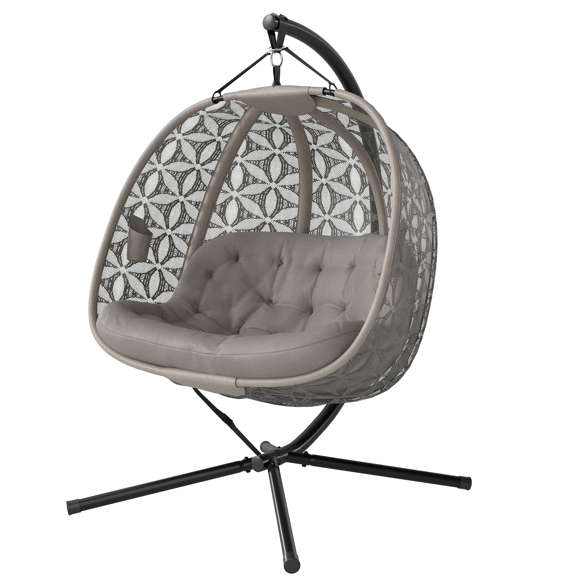 Foldable XXL Egg Hanging Chair with Stand — 2-Person Hanging Basket Swing, Thick Cushion, Cup Holders & Safety Strap — Indoor/Outdoor, Sand (529 lb)