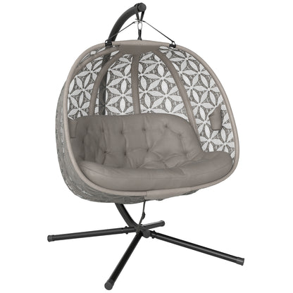 Foldable XXL Egg Hanging Chair with Stand — 2-Person Hanging Basket Swing, Thick Cushion, Cup Holders & Safety Strap — Indoor/Outdoor, Sand (529 lb)