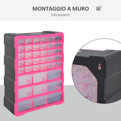 Plastic Hardware Organizer with 39 Transparent Drawers, Wall Mount or Freestanding 38x16x47.5cm Pink