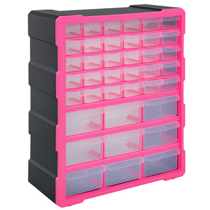 Plastic Hardware Organizer with 39 Transparent Drawers, Wall Mount or Freestanding 38x16x47.5cm Pink