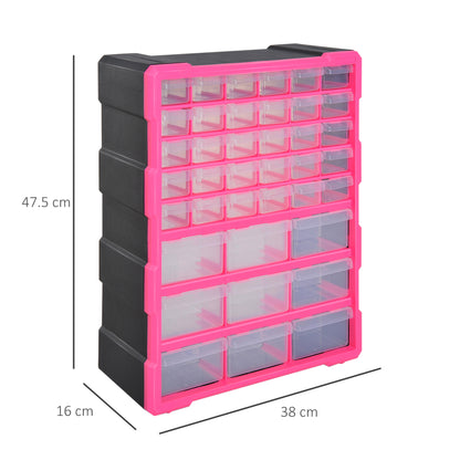 Plastic Hardware Organizer with 39 Transparent Drawers, Wall Mount or Freestanding 38x16x47.5cm Pink
