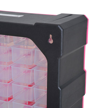 Plastic Hardware Organizer with 39 Transparent Drawers, Wall Mount or Freestanding 38x16x47.5cm Pink