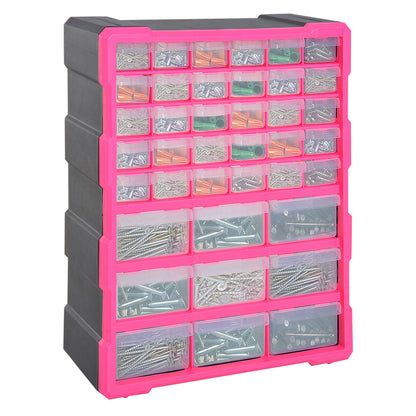 Plastic Hardware Organizer with 39 Transparent Drawers, Wall Mount or Freestanding 38x16x47.5cm Pink