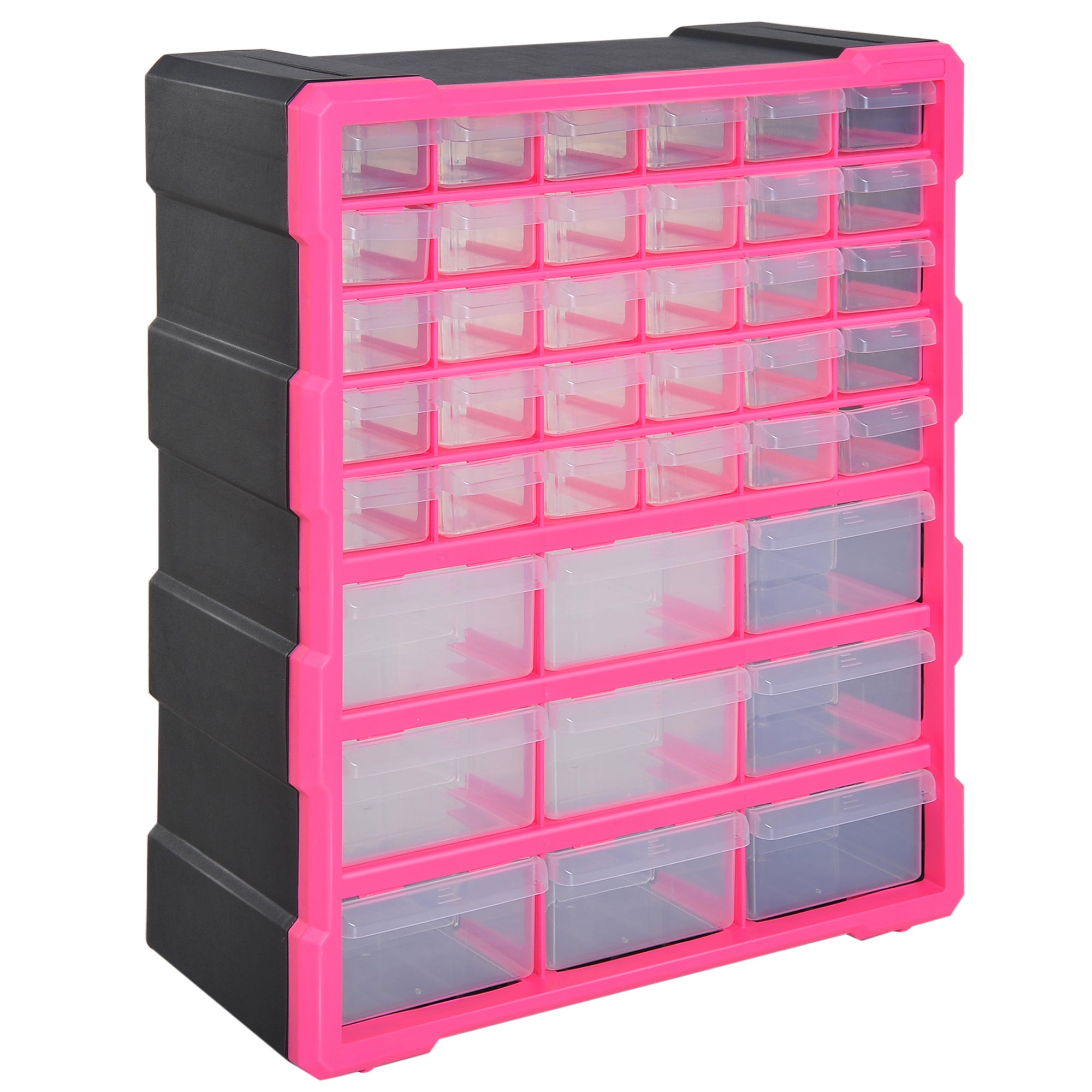 Plastic Hardware Organizer with 39 Transparent Drawers, Wall Mount or Freestanding 38x16x47.5cm Pink
