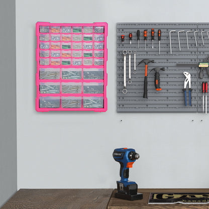Plastic Hardware Organizer with 39 Transparent Drawers, Wall Mount or Freestanding 38x16x47.5cm Pink