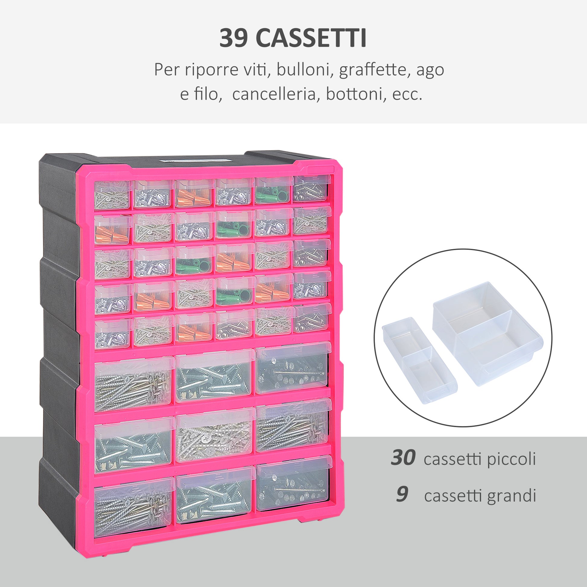 Plastic Hardware Organizer with 39 Transparent Drawers, Wall Mount or Freestanding 38x16x47.5cm Pink