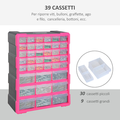 Plastic Hardware Organizer with 39 Transparent Drawers, Wall Mount or Freestanding 38x16x47.5cm Pink