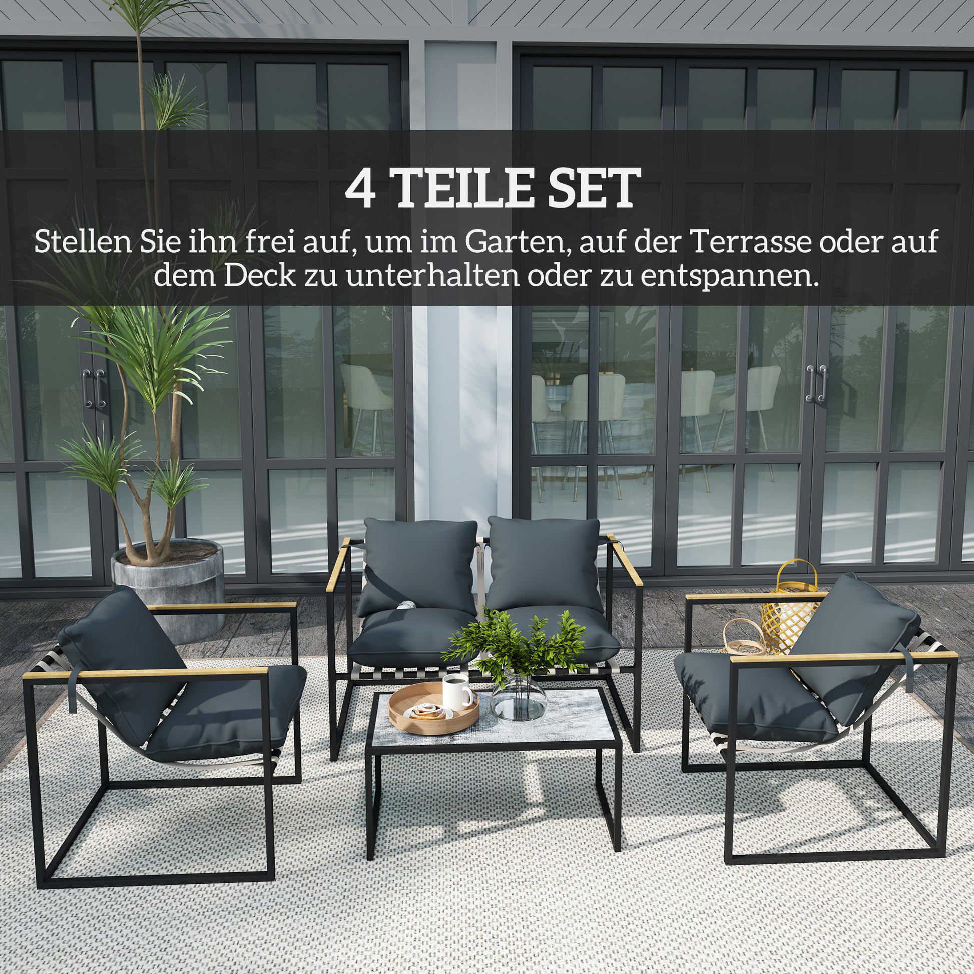 Steel Garden Furniture Set 4 People Weatherproof Balcony Furniture Set with 2-Seater Sofa 2 Armchairs, Seat Cushions, Side Table, Outdoor Seating Group Patio Furniture Garden Set for Garden Terrace Balcony Gray