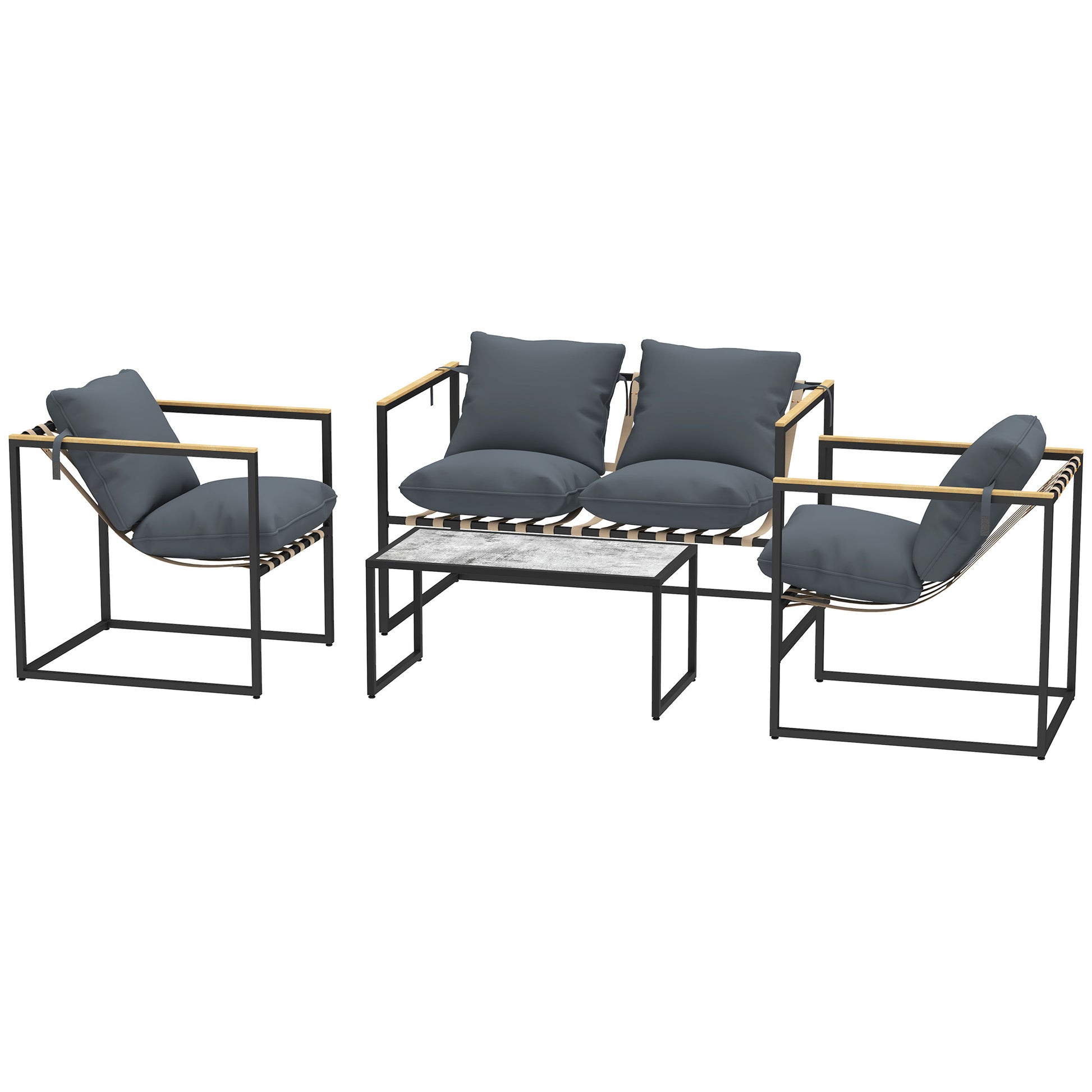 Steel Garden Furniture Set 4 People Weatherproof Balcony Furniture Set with 2-Seater Sofa 2 Armchairs, Seat Cushions, Side Table, Outdoor Seating Group Patio Furniture Garden Set for Garden Terrace Balcony Gray