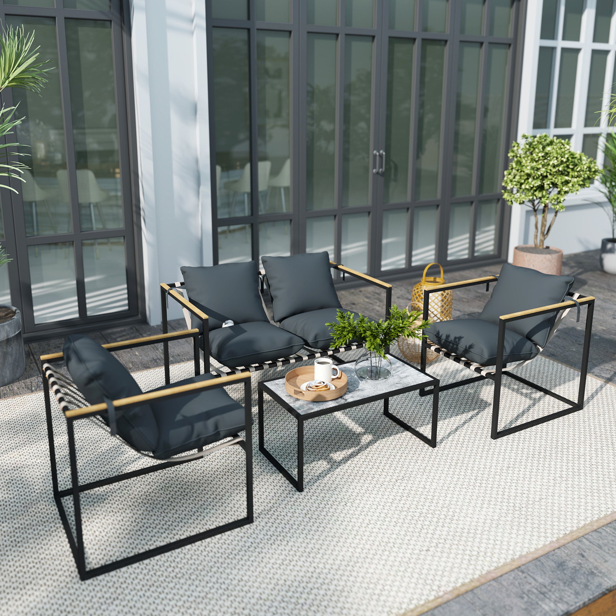 Steel Garden Furniture Set 4 People Weatherproof Balcony Furniture Set with 2-Seater Sofa 2 Armchairs, Seat Cushions, Side Table, Outdoor Seating Group Patio Furniture Garden Set for Garden Terrace Balcony Gray