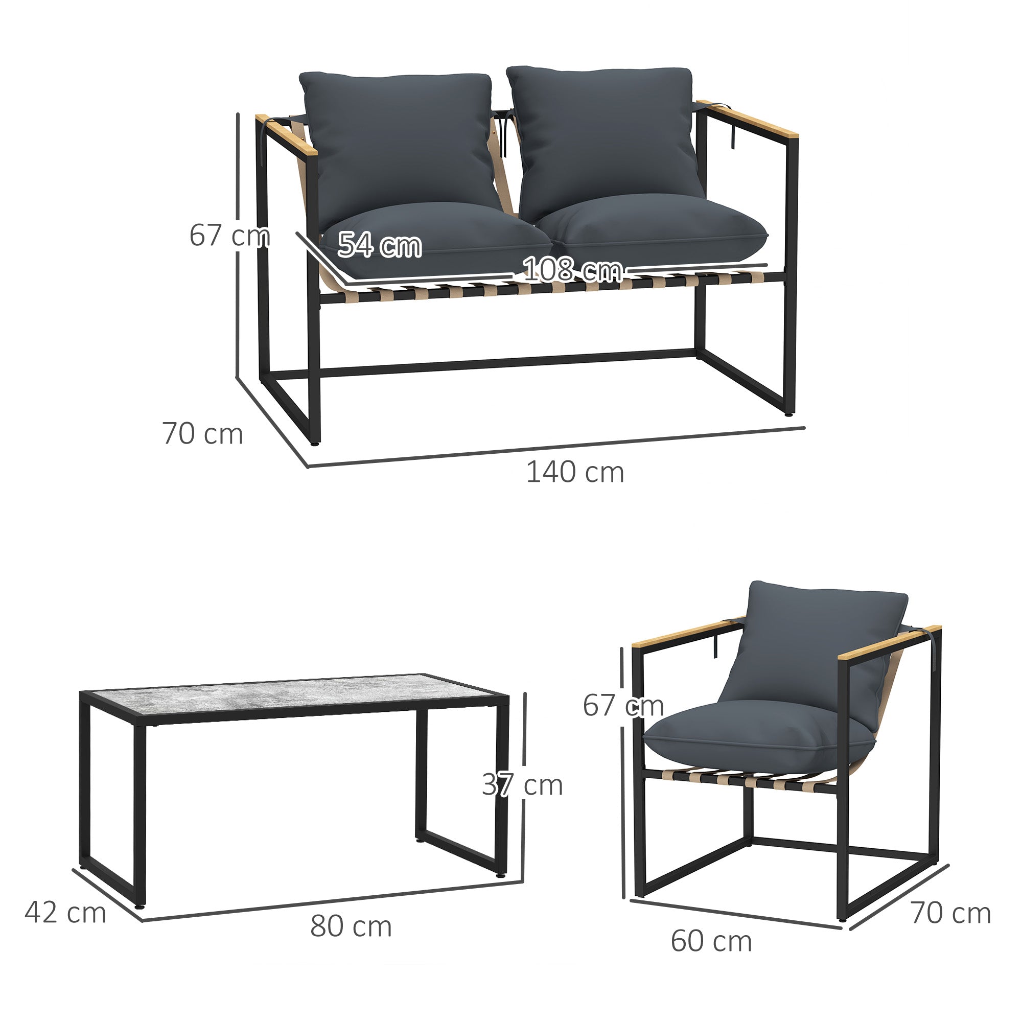 Steel Garden Furniture Set 4 People Weatherproof Balcony Furniture Set with 2-Seater Sofa 2 Armchairs, Seat Cushions, Side Table, Outdoor Seating Group Patio Furniture Garden Set for Garden Terrace Balcony Gray