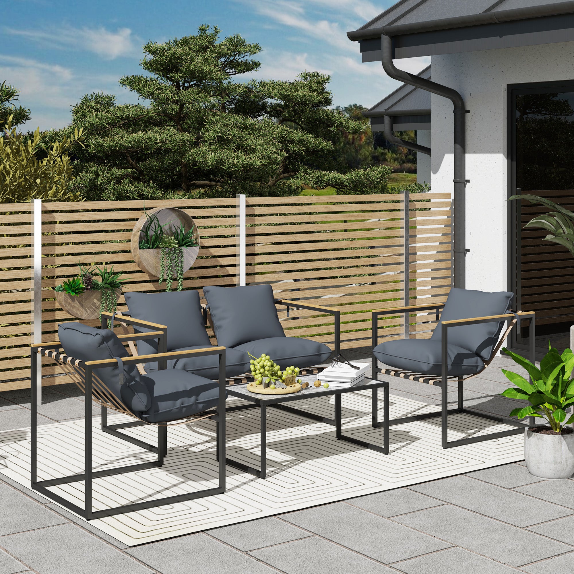 Steel Garden Furniture Set 4 People Weatherproof Balcony Furniture Set with 2-Seater Sofa 2 Armchairs, Seat Cushions, Side Table, Outdoor Seating Group Patio Furniture Garden Set for Garden Terrace Balcony Gray