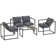 Steel Garden Furniture Set 4 People Weatherproof Balcony Furniture Set with 2-Seater Sofa 2 Armchairs, Seat Cushions, Side Table, Outdoor Seating Group Patio Furniture Garden Set for Garden Terrace Balcony Gray