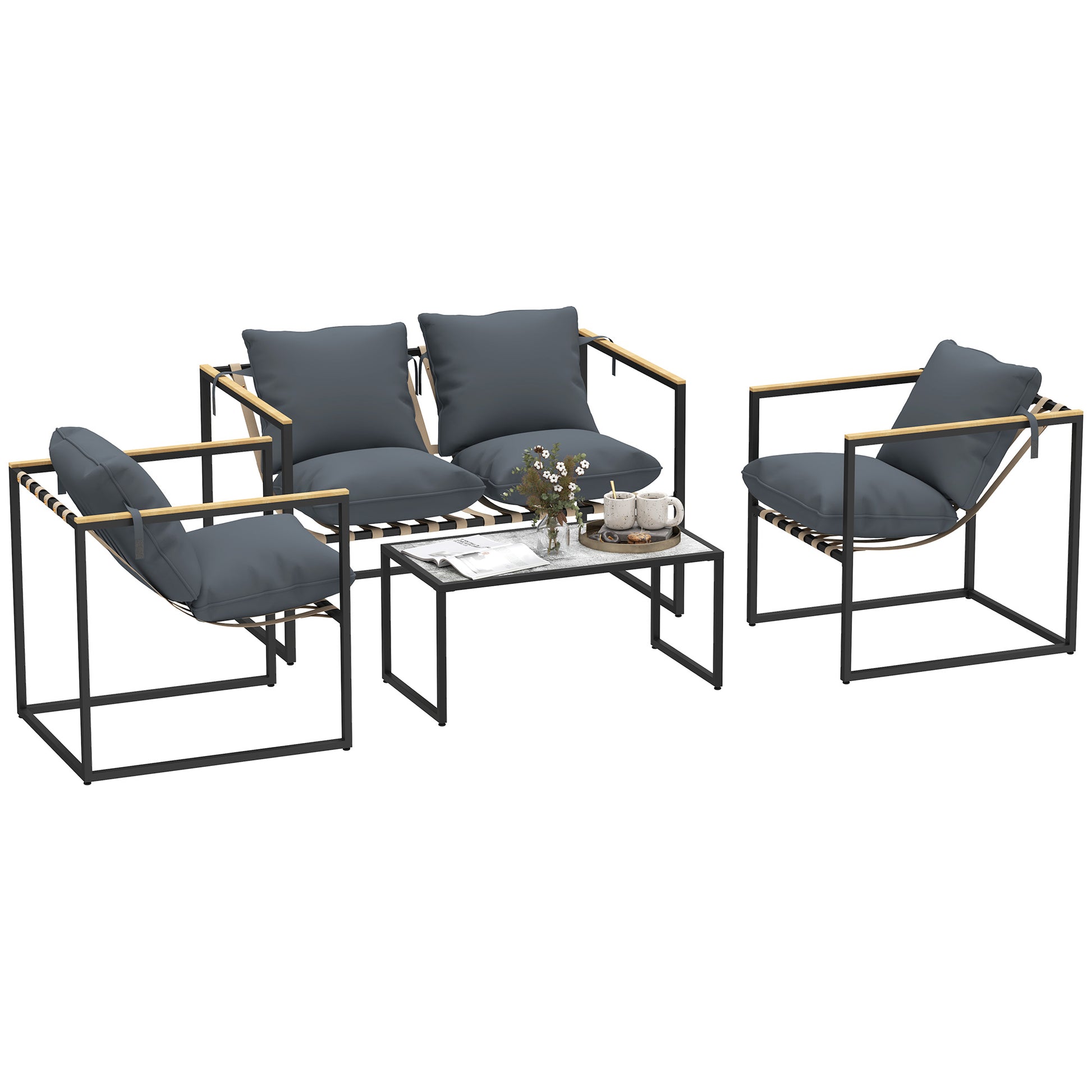 Steel Garden Furniture Set 4 People Weatherproof Balcony Furniture Set with 2-Seater Sofa 2 Armchairs, Seat Cushions, Side Table, Outdoor Seating Group Patio Furniture Garden Set for Garden Terrace Balcony Gray