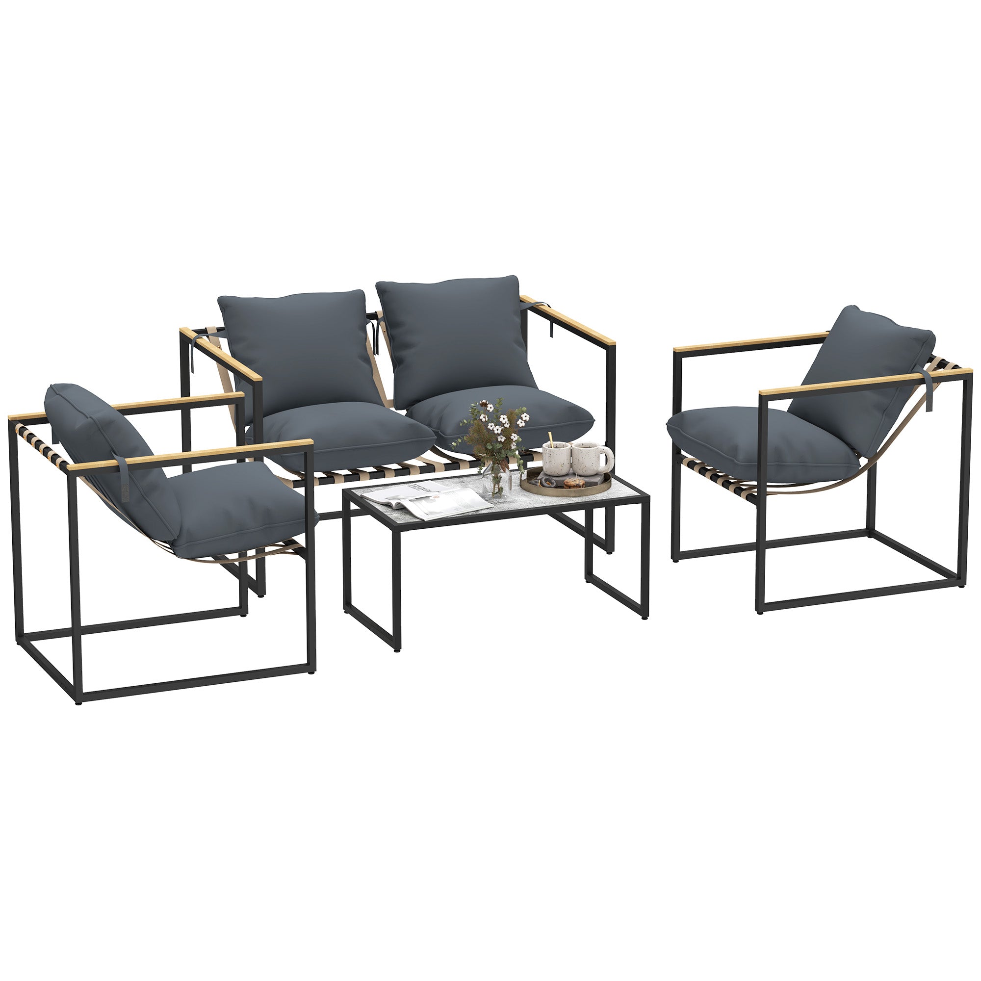 Steel Garden Furniture Set 4 People Weatherproof Balcony Furniture Set with 2-Seater Sofa 2 Armchairs, Seat Cushions, Side Table, Outdoor Seating Group Patio Furniture Garden Set for Garden Terrace Balcony Gray