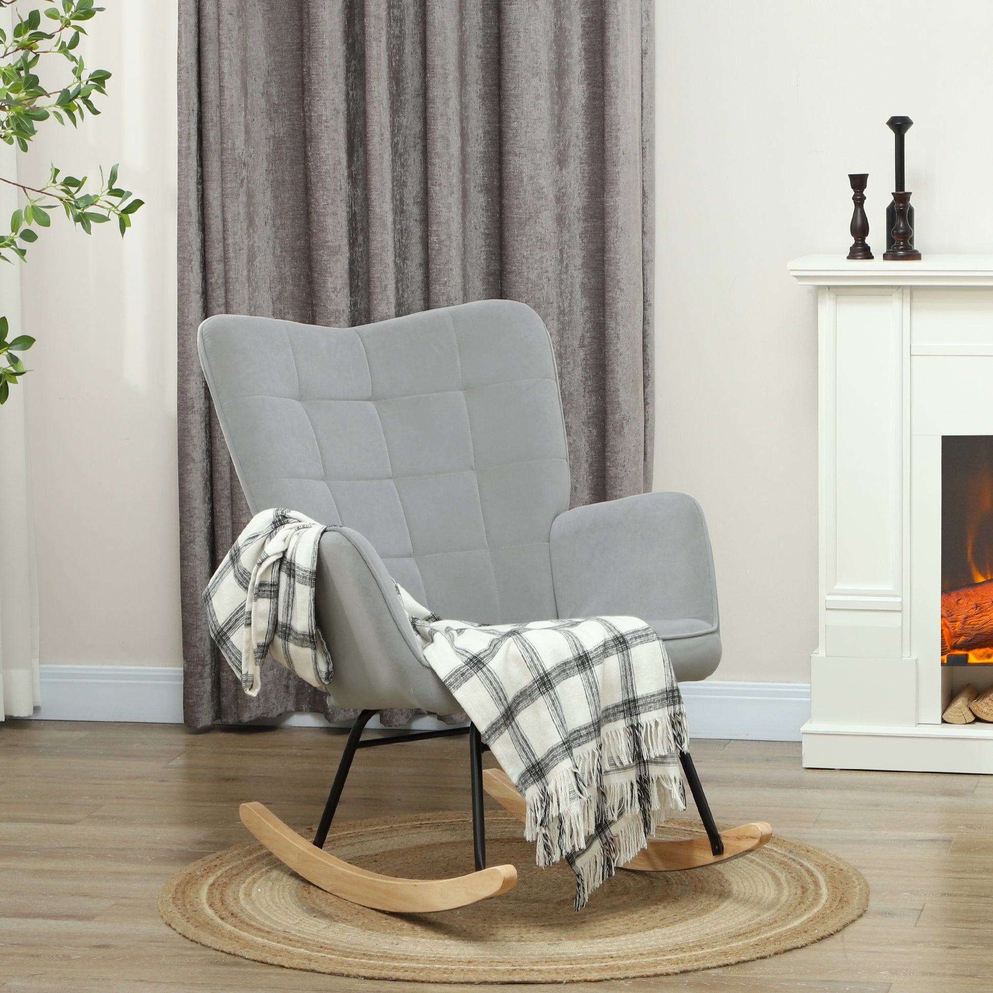 Rocking Chair, Rocking Armchair with Velvet Look, Armrest, Padded Chair with Wooden Rockers, Recliner for Living Room, Bedroom, Load Capacity Up to 120kg, Light Gray