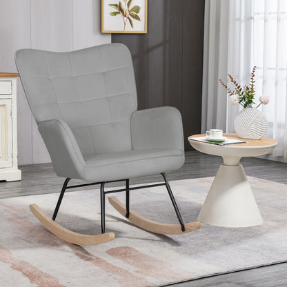 Schaukelstuhl, Schaukelsessel mit Samtoptik, Armlehne, Gepolsterter Sessel mit Holzkufen, Relaxsessel für Wohnzimmer, Schlafzimmer, bis 120kg belastbar, Hellgrau