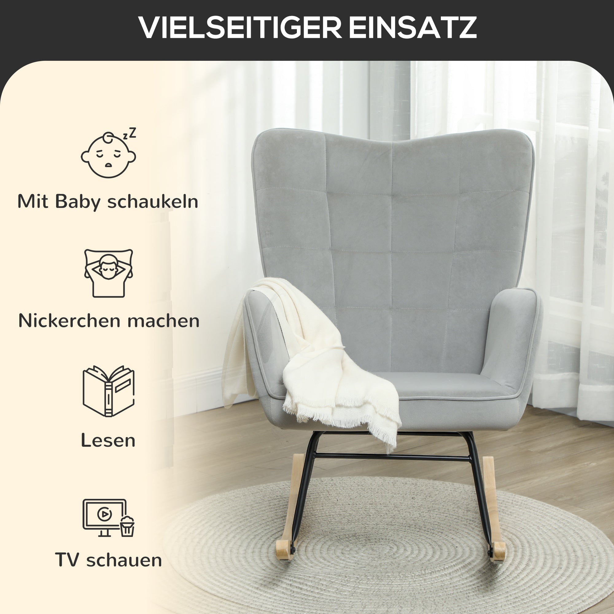 Rocking Chair, Rocking Armchair with Velvet Look, Armrest, Padded Chair with Wooden Rockers, Recliner for Living Room, Bedroom, Load Capacity Up to 120kg, Light Gray