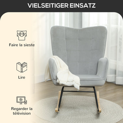 Schaukelstuhl, Schaukelsessel mit Samtoptik, Armlehne, Gepolsterter Sessel mit Holzkufen, Relaxsessel für Wohnzimmer, Schlafzimmer, bis 120kg belastbar, Hellgrau
