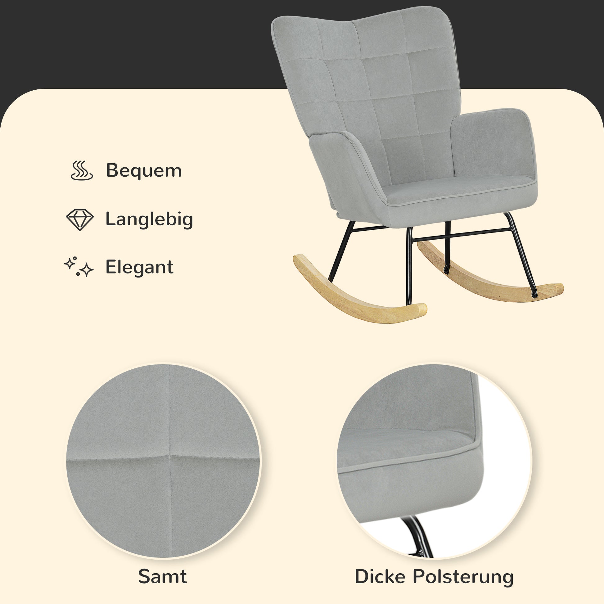 Rocking Chair, Rocking Armchair with Velvet Look, Armrest, Padded Chair with Wooden Rockers, Recliner for Living Room, Bedroom, Load Capacity Up to 120kg, Light Gray
