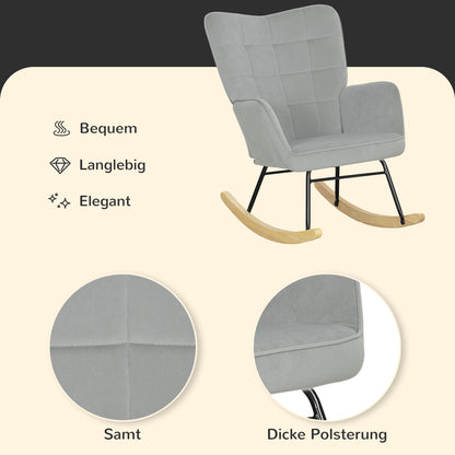 Schaukelstuhl, Schaukelsessel mit Samtoptik, Armlehne, Gepolsterter Sessel mit Holzkufen, Relaxsessel für Wohnzimmer, Schlafzimmer, bis 120kg belastbar, Hellgrau