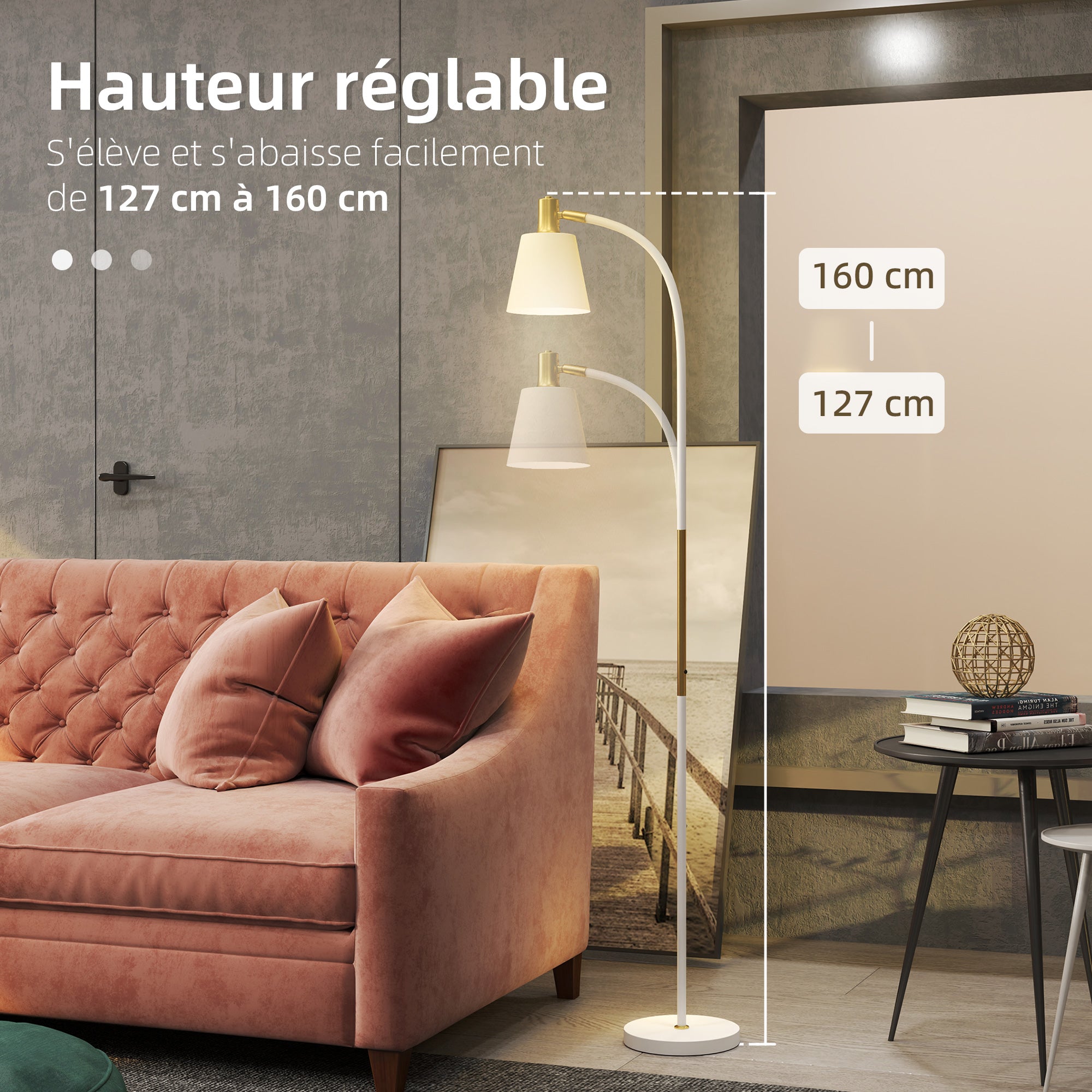 Adjustable Height Floor Lamp for Living Room 127-160 cm with Switch, E27 Socket, Floor Lamp Living Room, Bedroom, Office, White