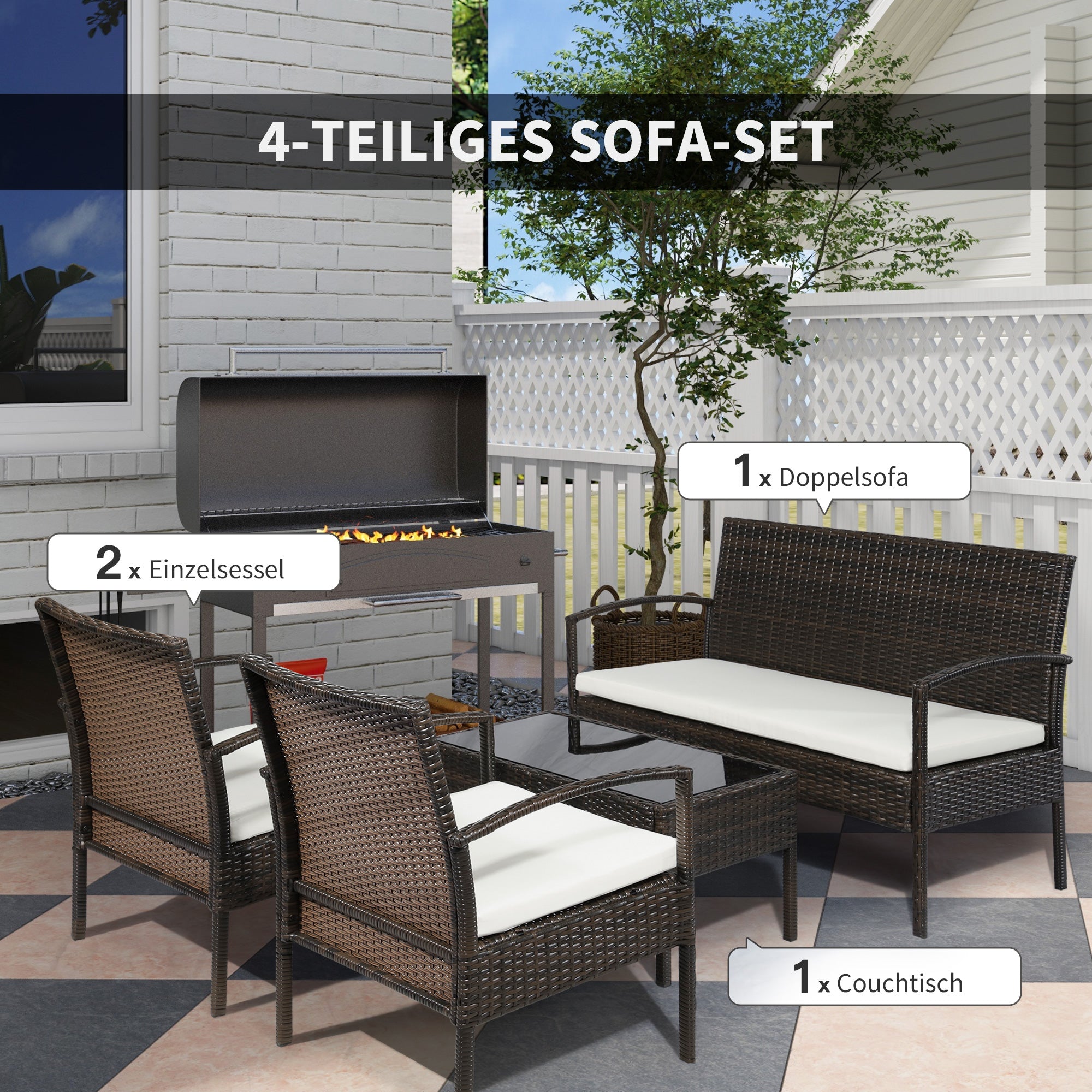 Poly Rattan Garden Furniture Set 4-Piece Rattan Sofa Set Seating Group Lounge Table with Sofa Seat Cushion Steel Brown+Cream