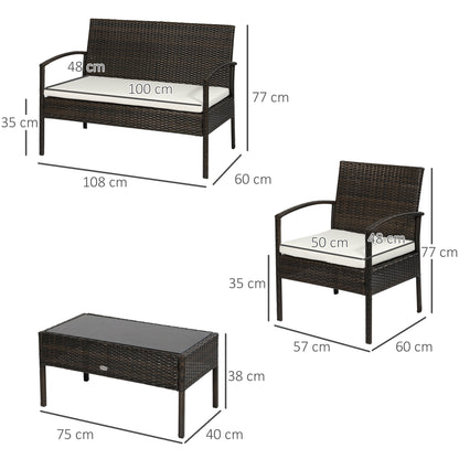 Poly Rattan Garden Furniture Set 4-Piece Rattan Sofa Set Seating Group Lounge Table with Sofa Seat Cushion Steel Brown+Cream