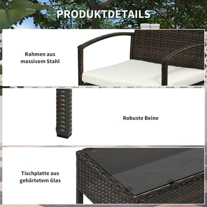 Poly Rattan Garden Furniture Set 4-Piece Rattan Sofa Set Seating Group Lounge Table with Sofa Seat Cushion Steel Brown+Cream
