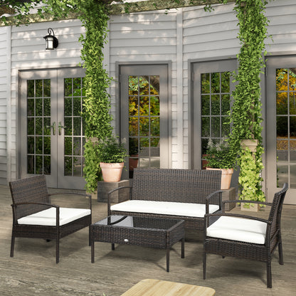 Poly Rattan Garden Furniture Set 4-Piece Rattan Sofa Set Seating Group Lounge Table with Sofa Seat Cushion Steel Brown+Cream