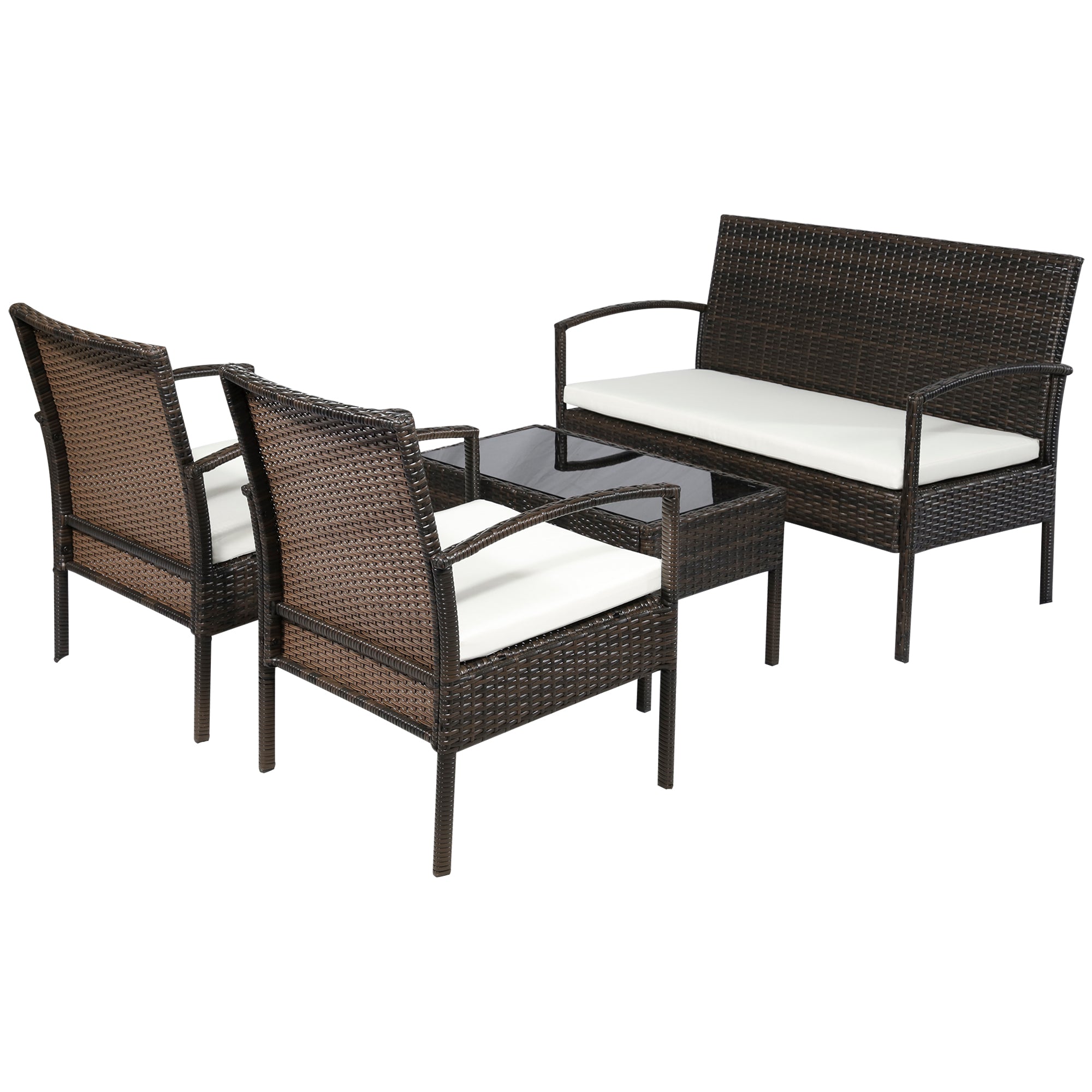 Poly Rattan Garden Furniture Set 4-Piece Rattan Sofa Set Seating Group Lounge Table with Sofa Seat Cushion Steel Brown+Cream