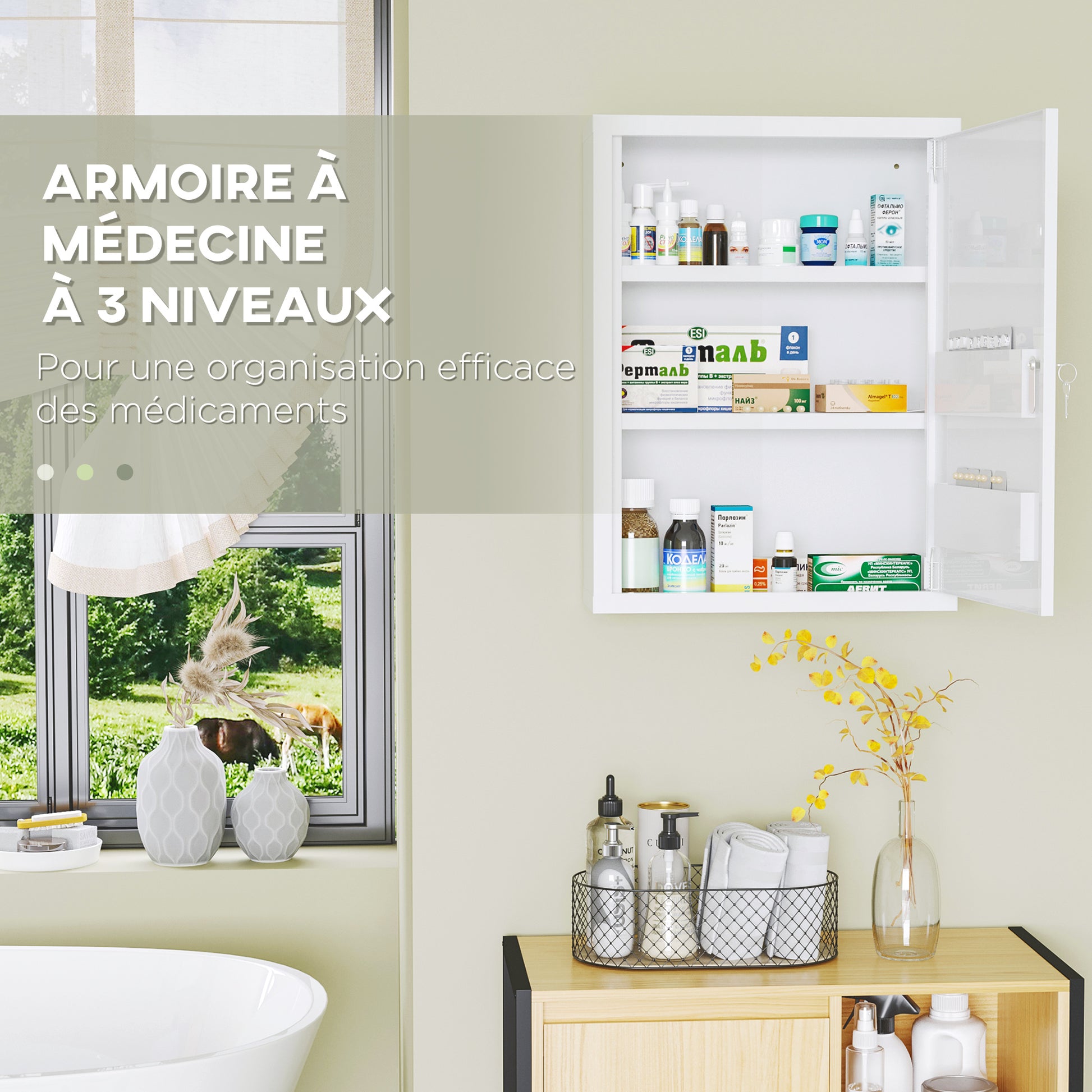 Wall Mounted Medicine Cabinet 2 Shelves 3 Levels with Lockable Door 2 Keys Steel 40 x 15 x 53.5 cm White
