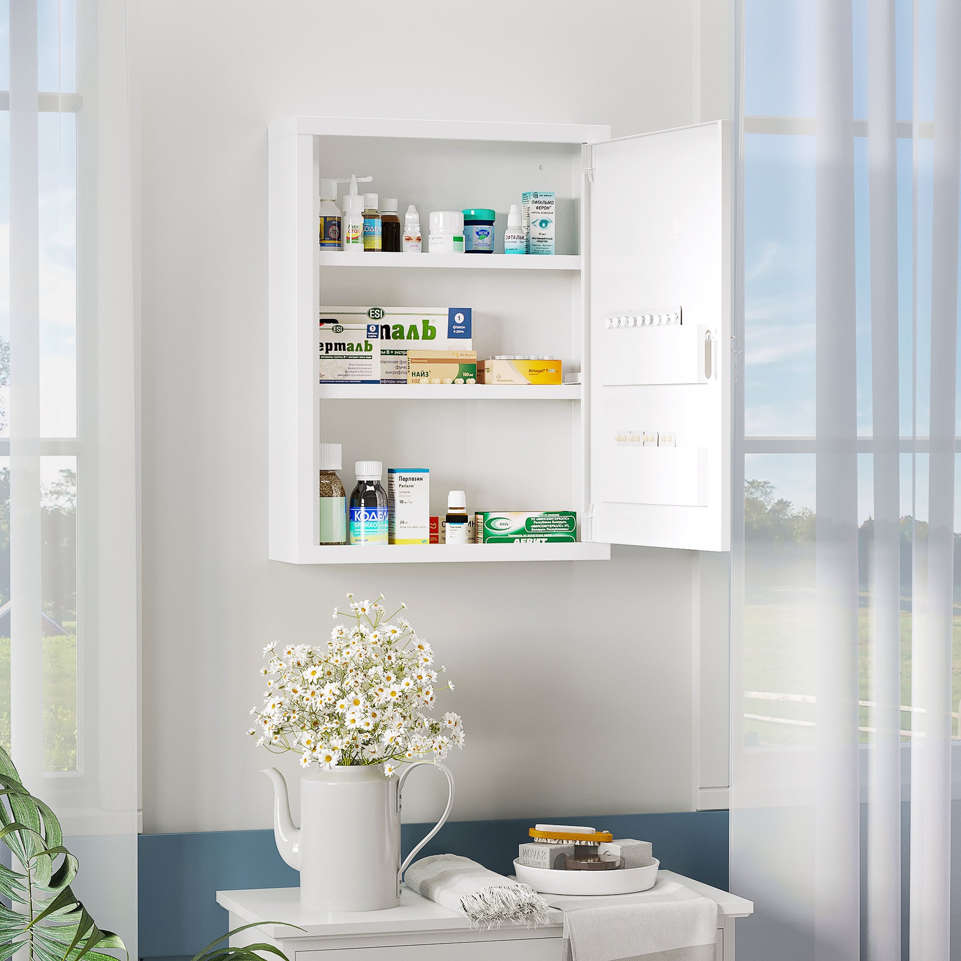 Wall Mounted Medicine Cabinet 2 Shelves 3 Levels with Lockable Door 2 Keys Steel 40 x 15 x 53.5 cm White