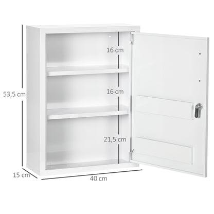 Wall Mounted Medicine Cabinet 2 Shelves 3 Levels with Lockable Door 2 Keys Steel 40 x 15 x 53.5 cm White