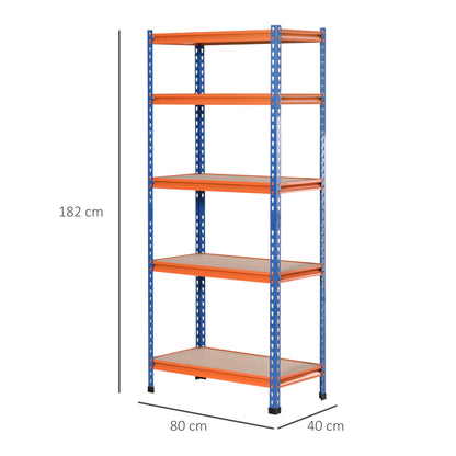 Metal Storage Shelf 80x40x182 cm with 5 Adjustable Levels Load Capacity per Shelf 300 kg for Warehouse Garage Workshop Blue and Orange