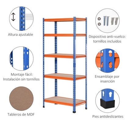 Metal Storage Shelf 80x40x182 cm with 5 Adjustable Levels Load Capacity per Shelf 300 kg for Warehouse Garage Workshop Blue and Orange