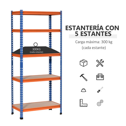 Metal Storage Shelf 80x40x182 cm with 5 Adjustable Levels Load Capacity per Shelf 300 kg for Warehouse Garage Workshop Blue and Orange