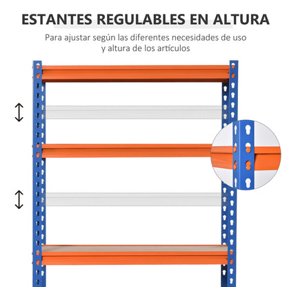 Metal Storage Shelf 80x40x182 cm with 5 Adjustable Levels Load Capacity per Shelf 300 kg for Warehouse Garage Workshop Blue and Orange