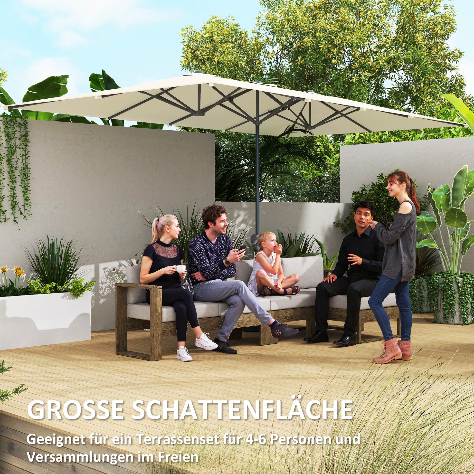 Double Sun Umbrella with Crank 451 x 264 cm, UV Protection 50+ Sun Umbrella, Windproof Garden Umbrella Balcony Umbrella Aluminum Market Umbrella Sun Protection for Balcony Terrace Garden Cream White