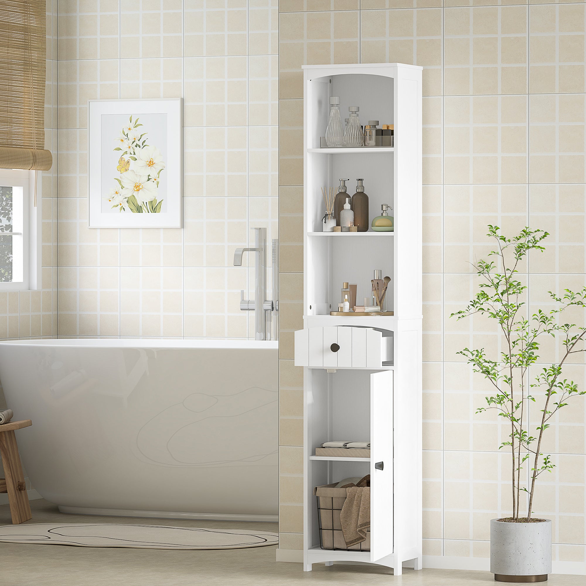 Bathroom Cabinet Tall Cabinet with 3 Shelves, 1 Drawer Storage Cabinet for Bathroom, Living Room White, 34x24x170.5cm