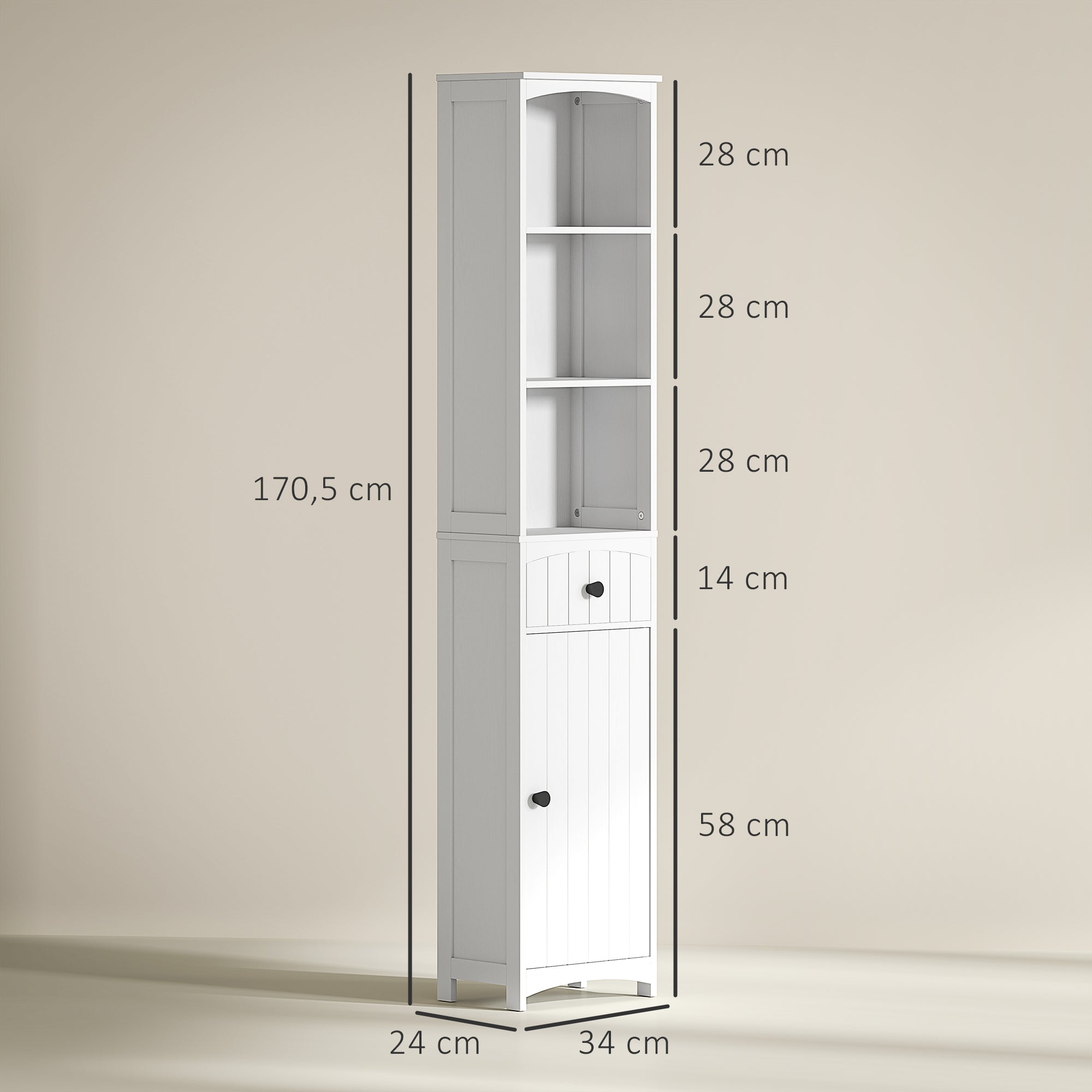 Bathroom Cabinet Tall Cabinet with 3 Shelves, 1 Drawer Storage Cabinet for Bathroom, Living Room White, 34x24x170.5cm