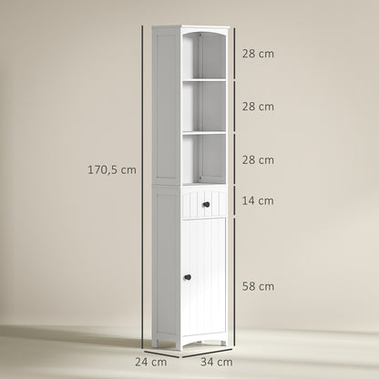 Bathroom Cabinet Tall Cabinet with 3 Shelves, 1 Drawer Storage Cabinet for Bathroom, Living Room White, 34x24x170.5cm