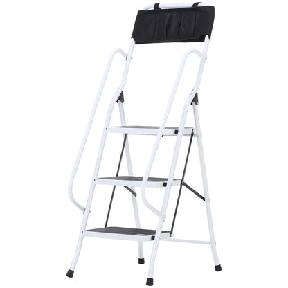 Foldable Steel Step Ladder with 3 XL Non-Slip Steps Dual Handrail Maximum Height 1.31m Maximum Load 150 kg Integrated Tool Bag Steel White Black