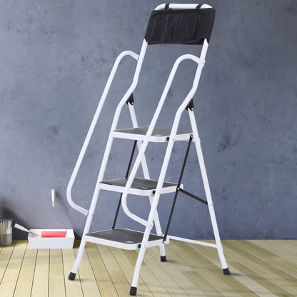 Foldable Steel Step Ladder with 3 XL Non-Slip Steps Dual Handrail Maximum Height 1.31m Maximum Load 150 kg Integrated Tool Bag Steel White Black