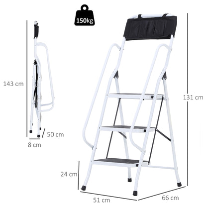 Foldable Steel Step Ladder with 3 XL Non-Slip Steps Dual Handrail Maximum Height 1.31m Maximum Load 150 kg Integrated Tool Bag Steel White Black