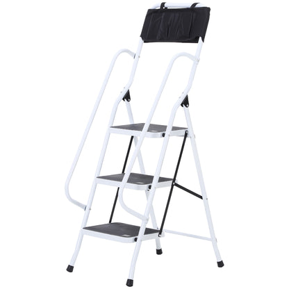 Foldable Steel Step Ladder with 3 XL Non-Slip Steps Dual Handrail Maximum Height 1.31m Maximum Load 150 kg Integrated Tool Bag Steel White Black