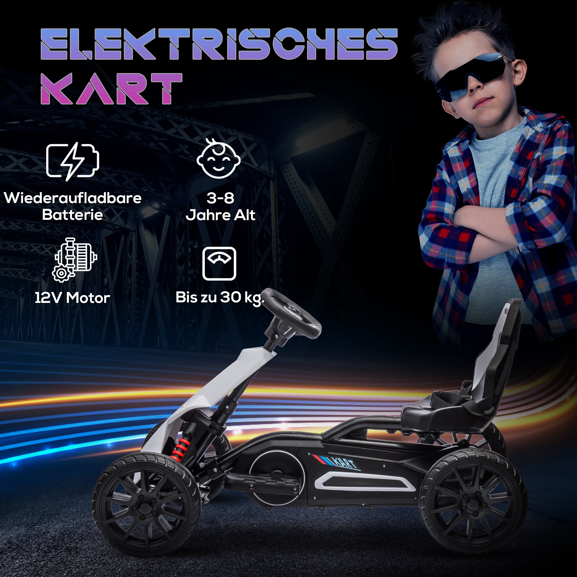 Kids Electric Go-Kart 12V 3-5km/h Drift Kart with 2-Speed Modes, Safety Belt, Steering Wheel, Children's Go-Kart for 3-8 Years Kids, White